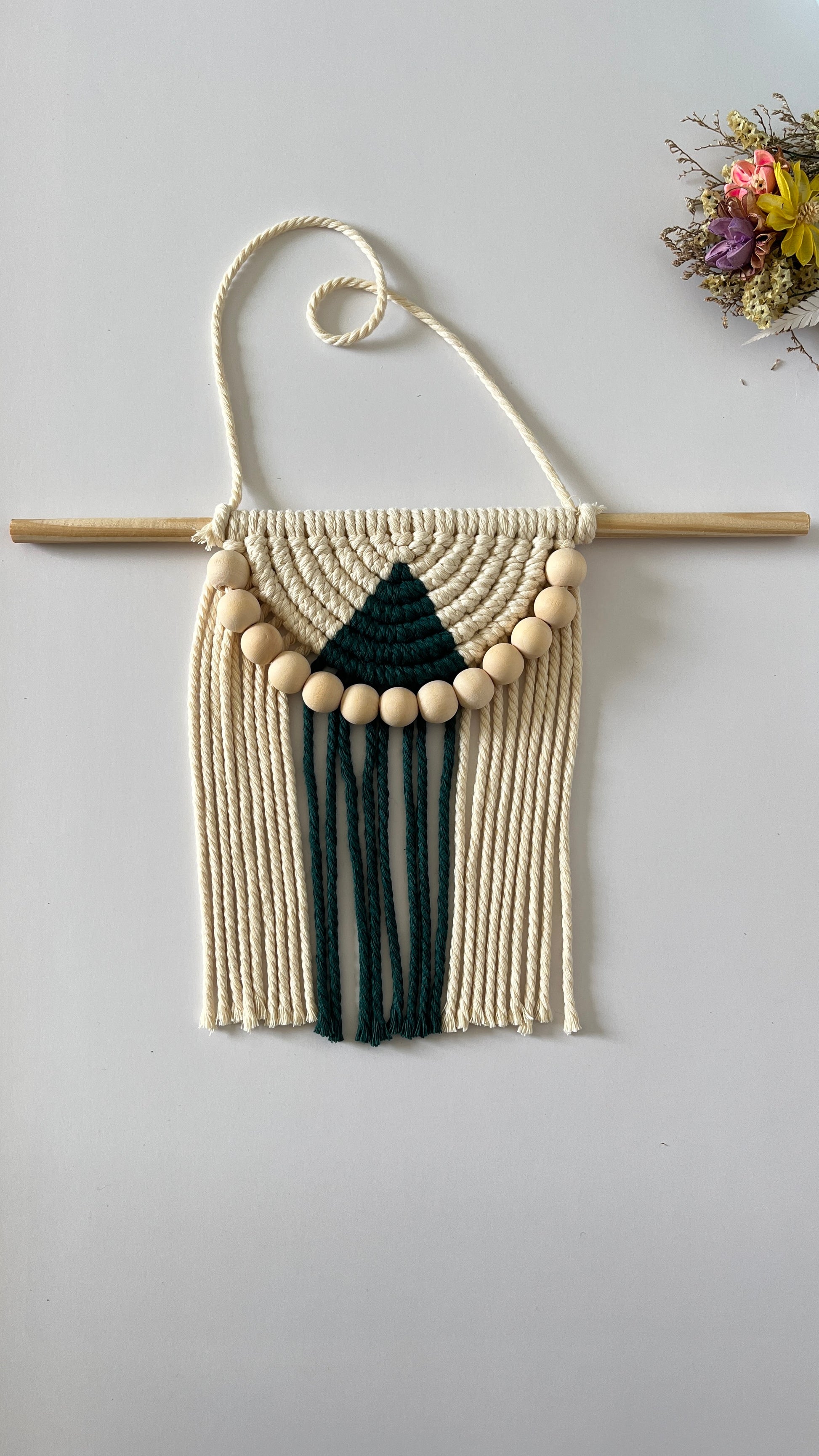 Macrame wall hanging with geometric design on a plain background